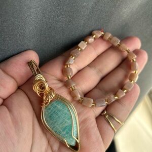 Handmade Gold Wire-Wrapped Amazonite Pendant Necklace - with sunstone bracelet